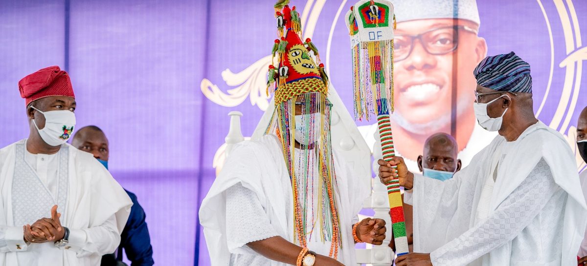 SANWO-OLU INSTALLS GBOLAHAN LAWAL AS 15TH ONIRU, CHARGES MONARCH ON DEVT