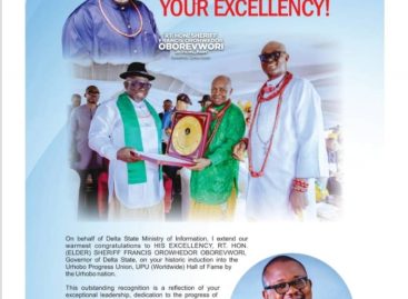 Dr Osuoza congratulates Delta State Governor for his Induction into Urhobo Progress Union Hall of Fame